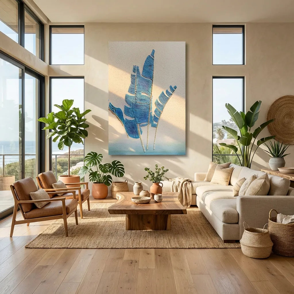Azure Palm Fronds Textured Abstract Art PM#3621
