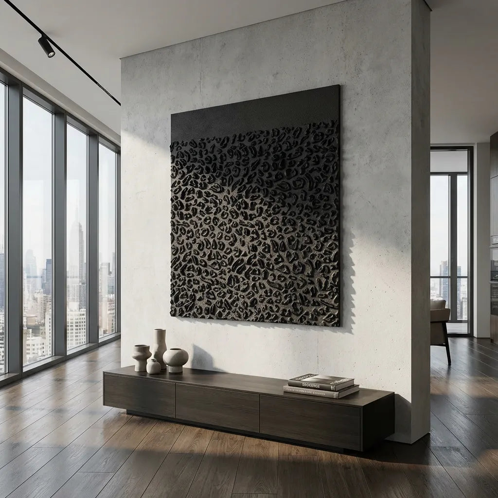 Black Organic Textured Abstract Painting PM#3698