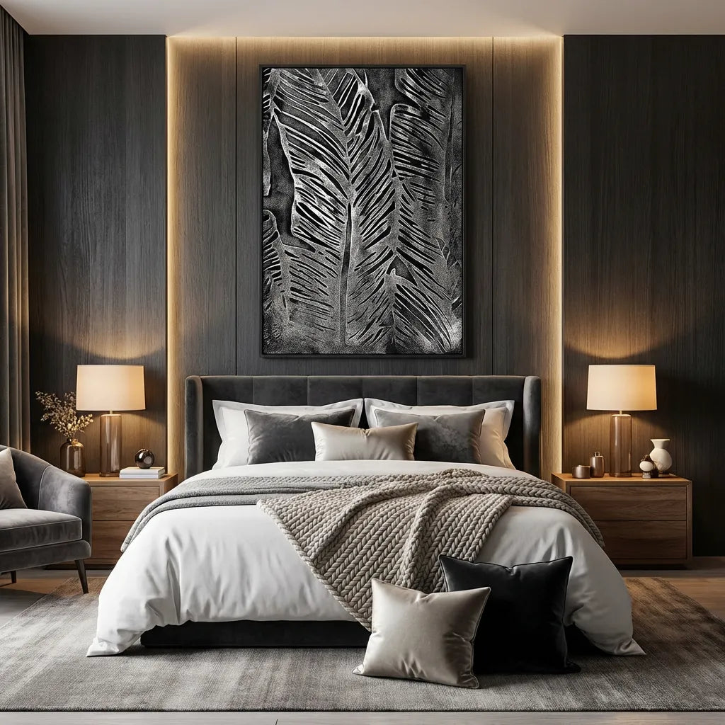 Black Tropical Leaf Relief Canvas PM#3659