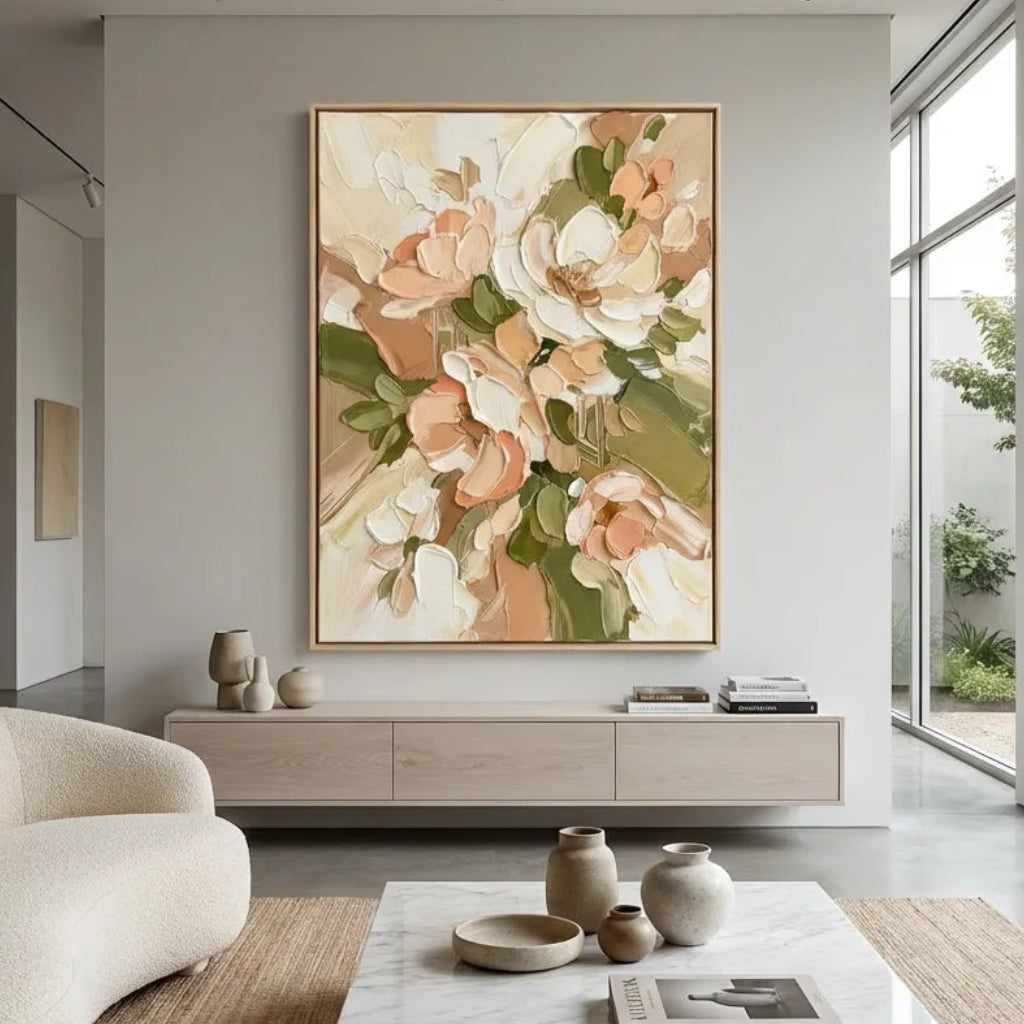 Cream Meadow-Peach Floral Texture Painting AP#0656