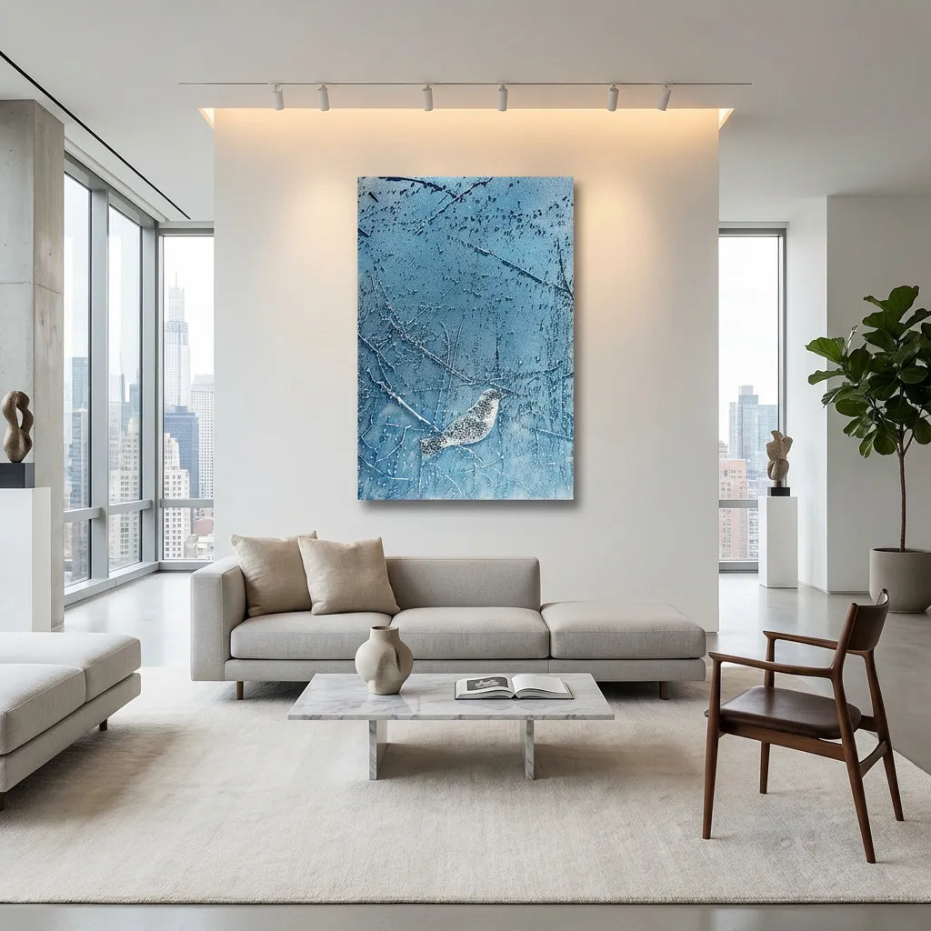 Icy Blue Bird Silhouette Textured Abstract Art PM#3610