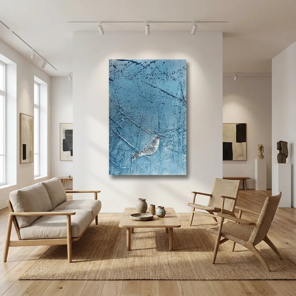 Icy Blue Bird Silhouette Textured Abstract Art PM#3610