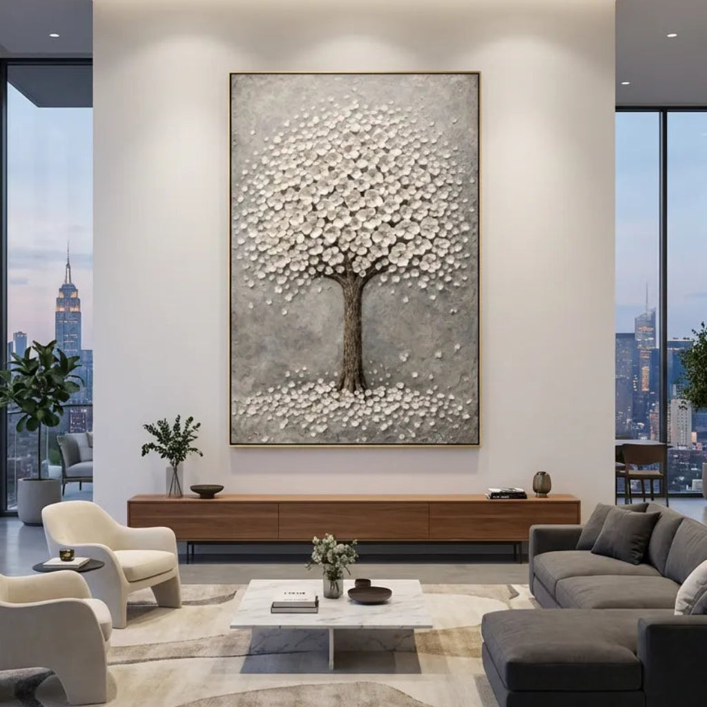 Ivory Bloom-Textured Tree Painting AP#0616