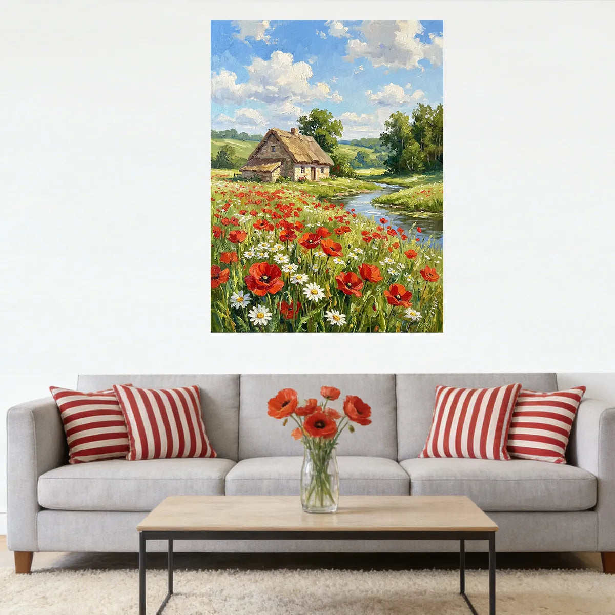 Poppy Field Cottage Landscape Painting AA#0248