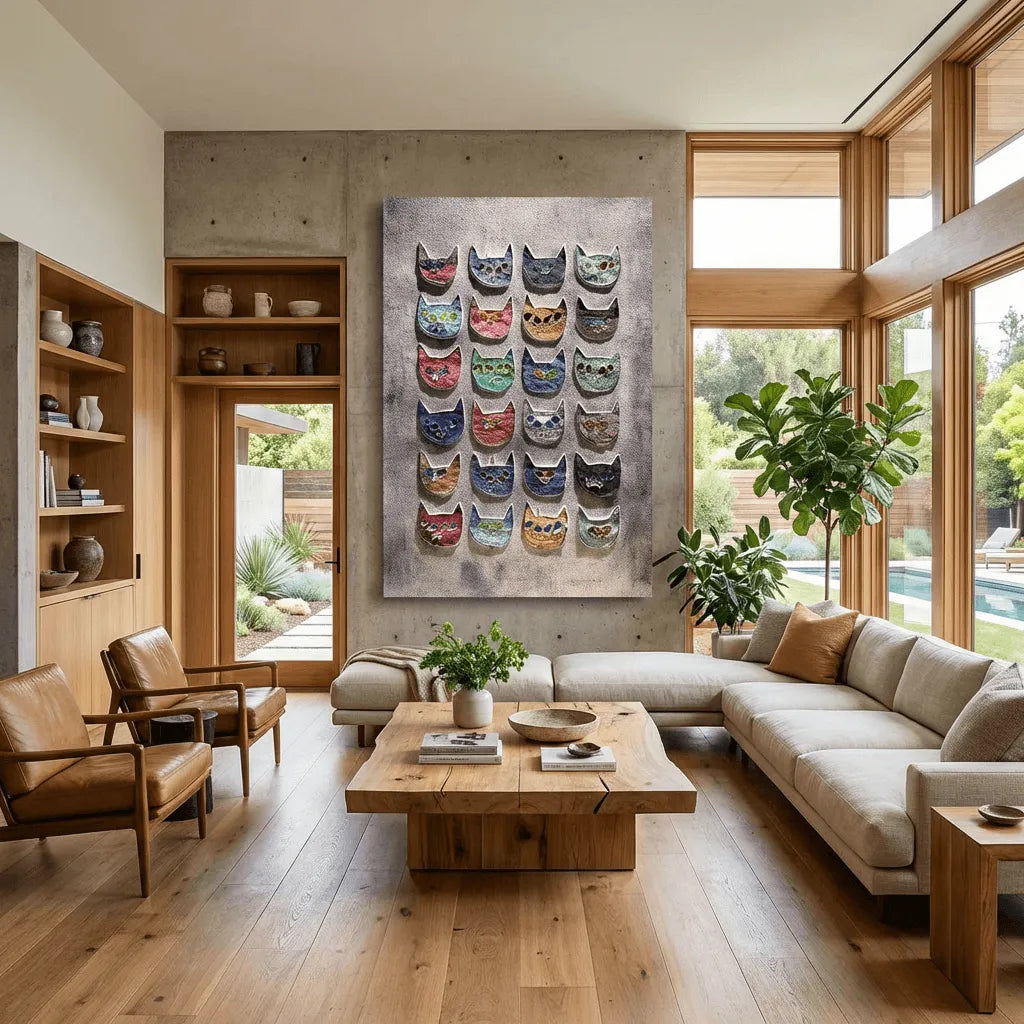 Whimsical Multicolor Cat Head Mosaic Wall Art PM#3603