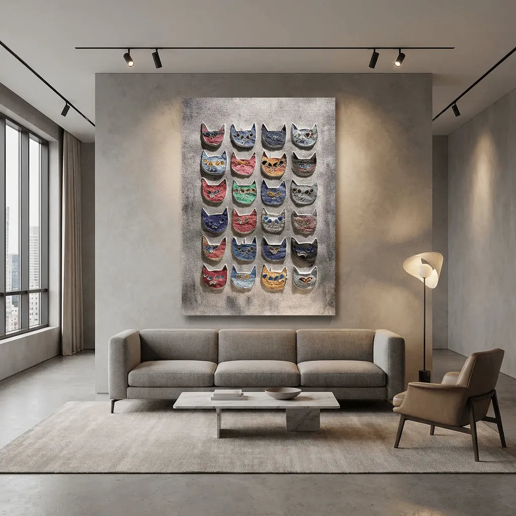 Whimsical Multicolor Cat Head Mosaic Wall Art PM#3603