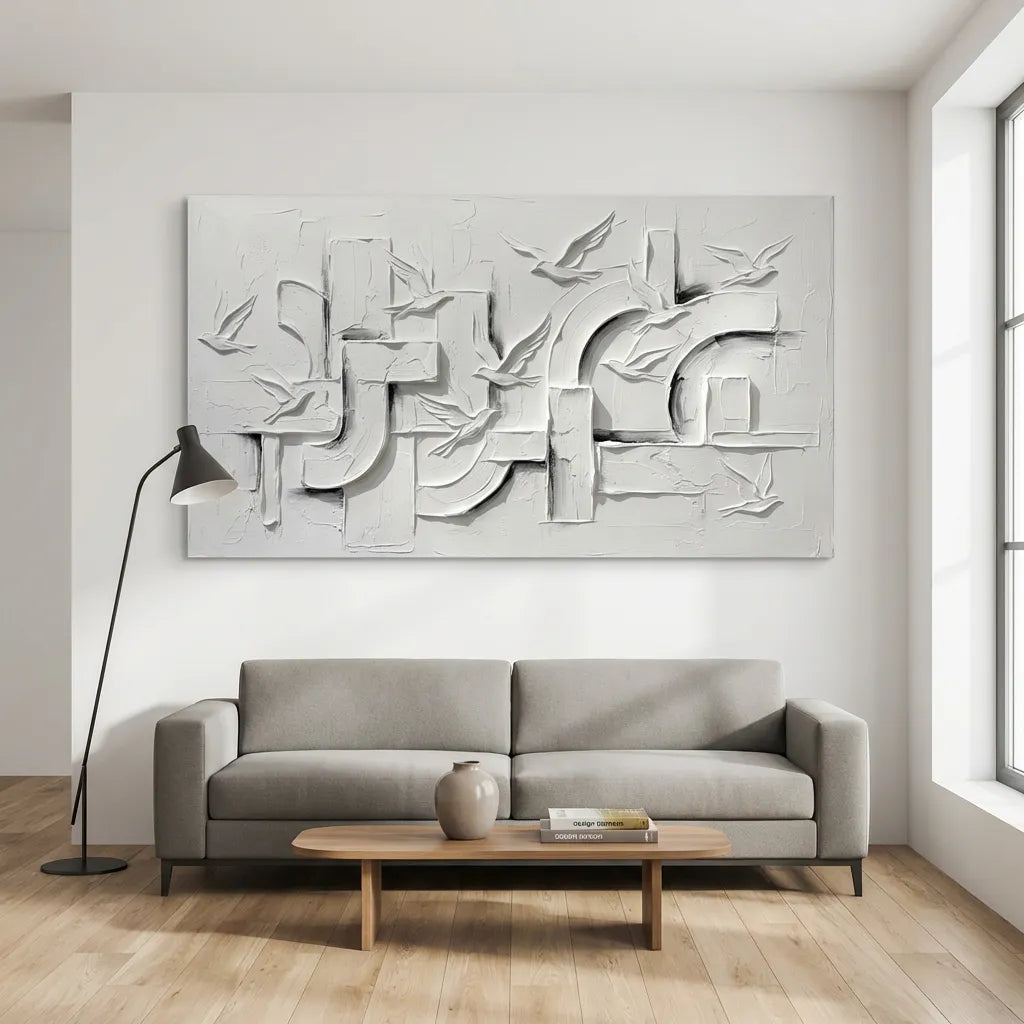 White Abstract Bird Relief Painting AA#0237