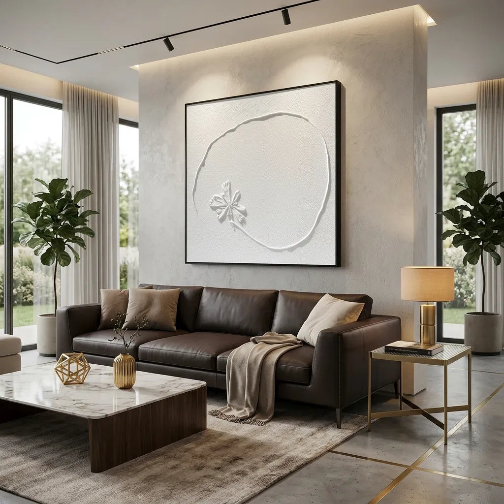 White Floral Relief Print for Zen Minimalist Living Room YY#1535