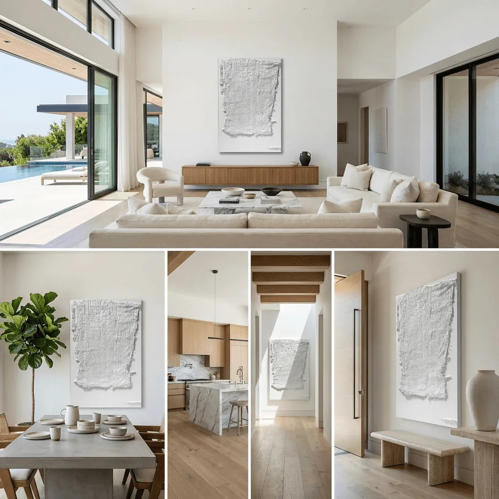White Linen-Textured Abstract Plaster Art PM#3602