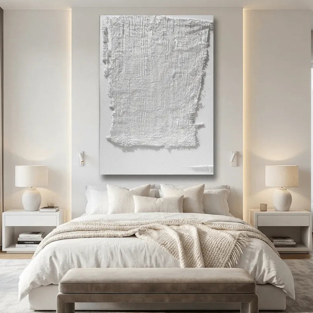White Linen-Textured Abstract Plaster Art PM#3602