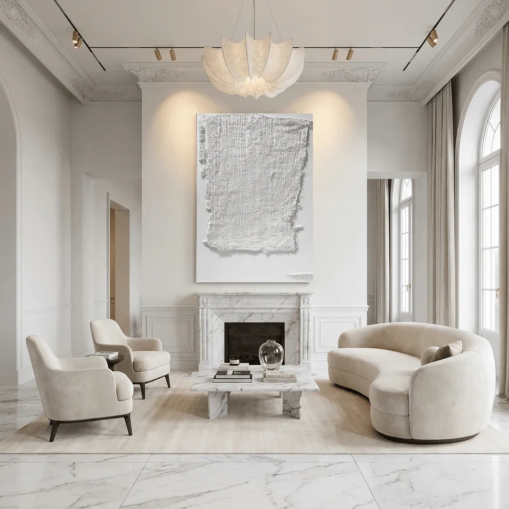 White Linen-Textured Abstract Plaster Art PM#3602