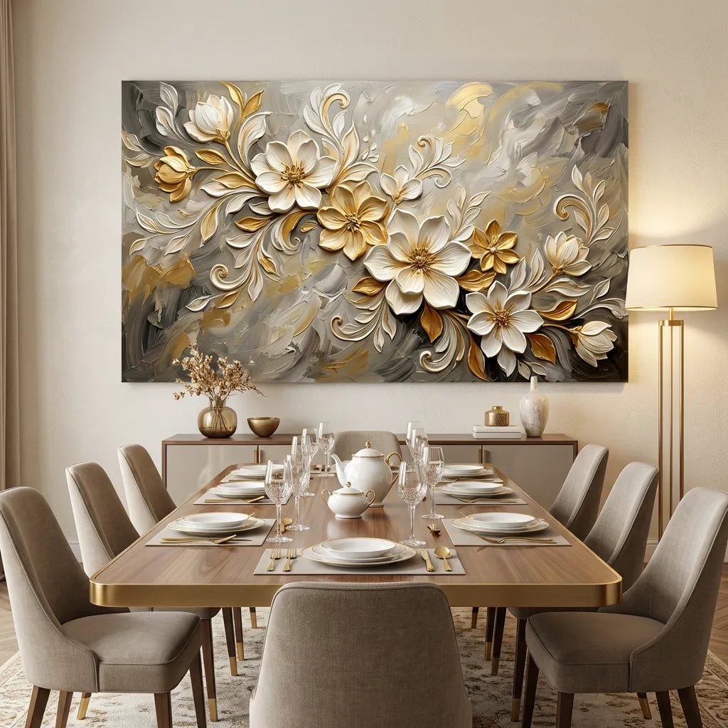 White & Gold Floral Relief Painting AA#0233