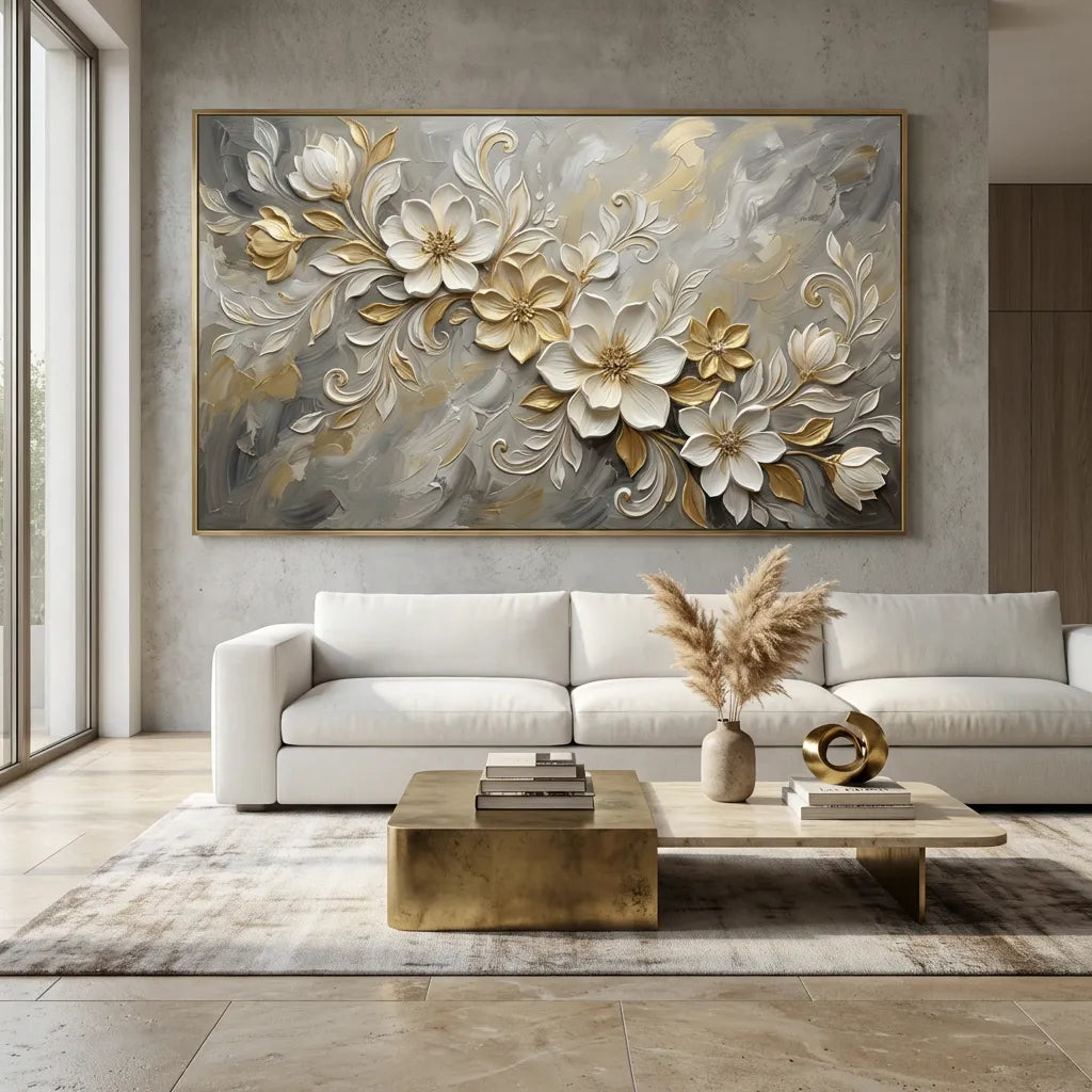 White & Gold Floral Relief Painting AA#0233