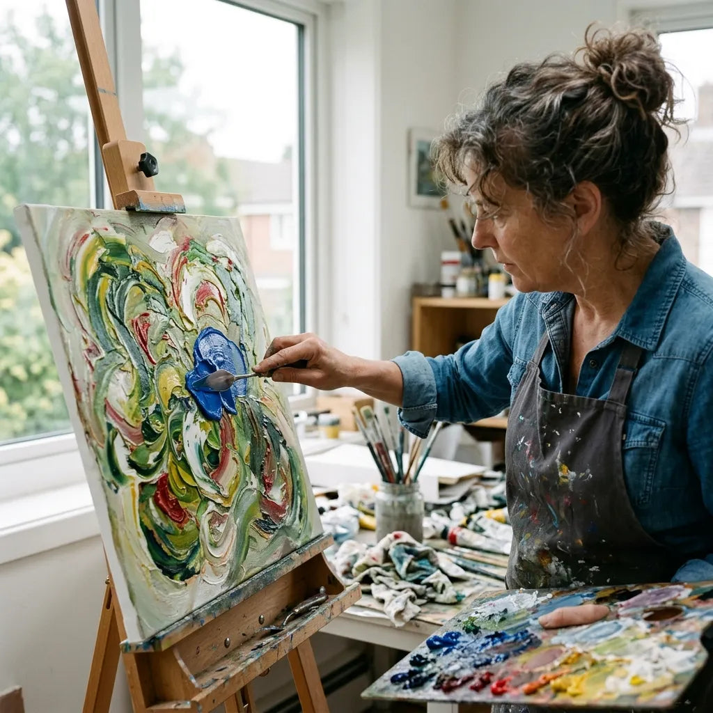 Artist applying thick oil paint with a palette knife to create a 3D textured oil painting on canvas.