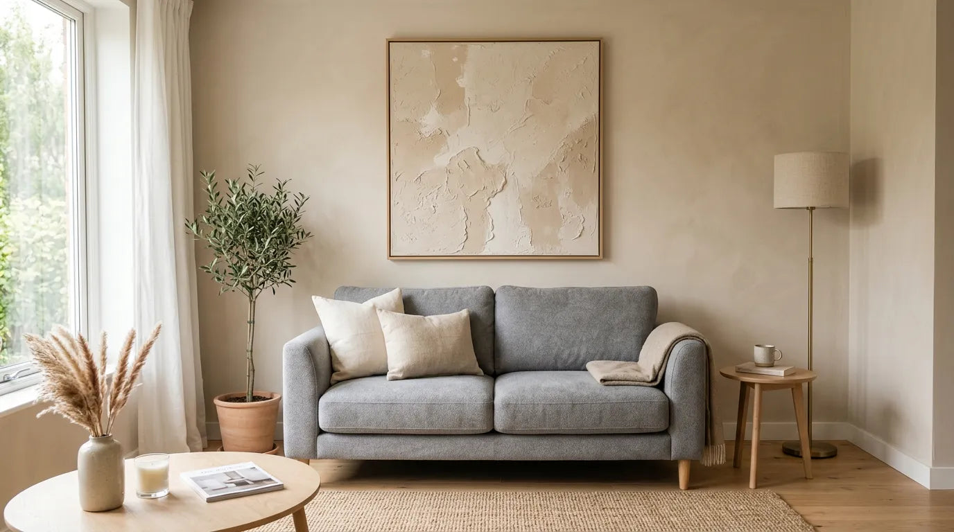  Small living room featuring a large minimalist textured wall art piece above a compact sofa, creating a spacious feel.