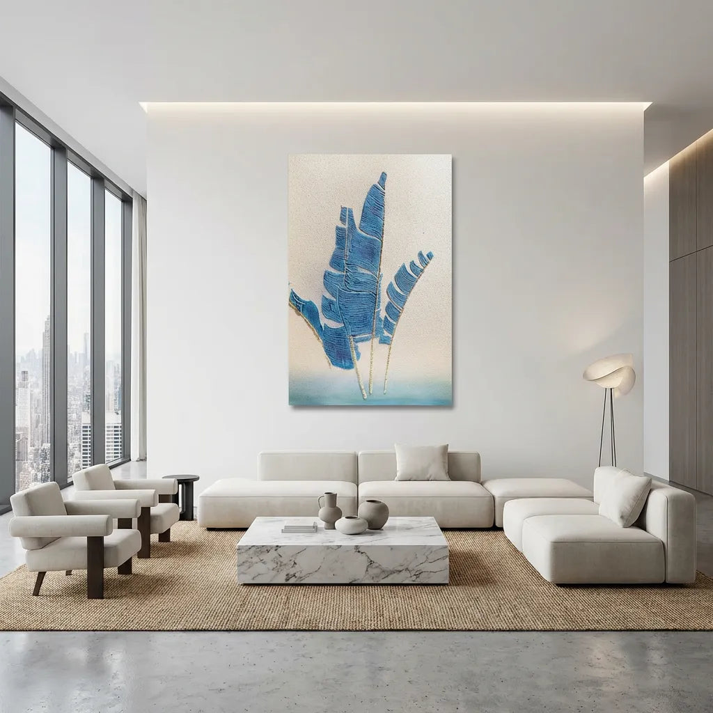 Azure Palm Fronds Textured Abstract Art PM#3621