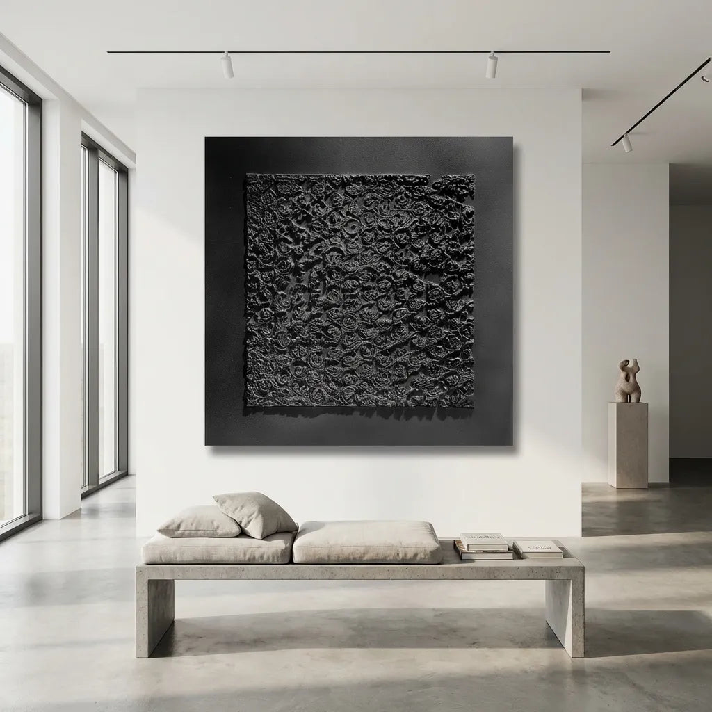 Black Floral Textured Abstract Painting PM#3691