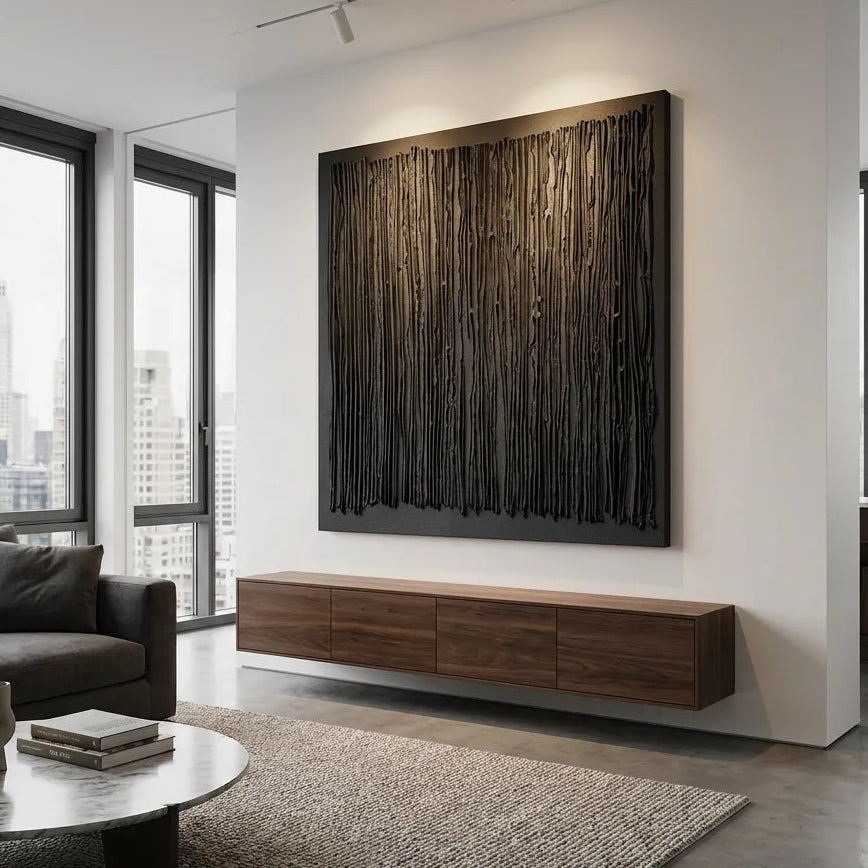 Black Linear Textured Abstract Painting PM#3693