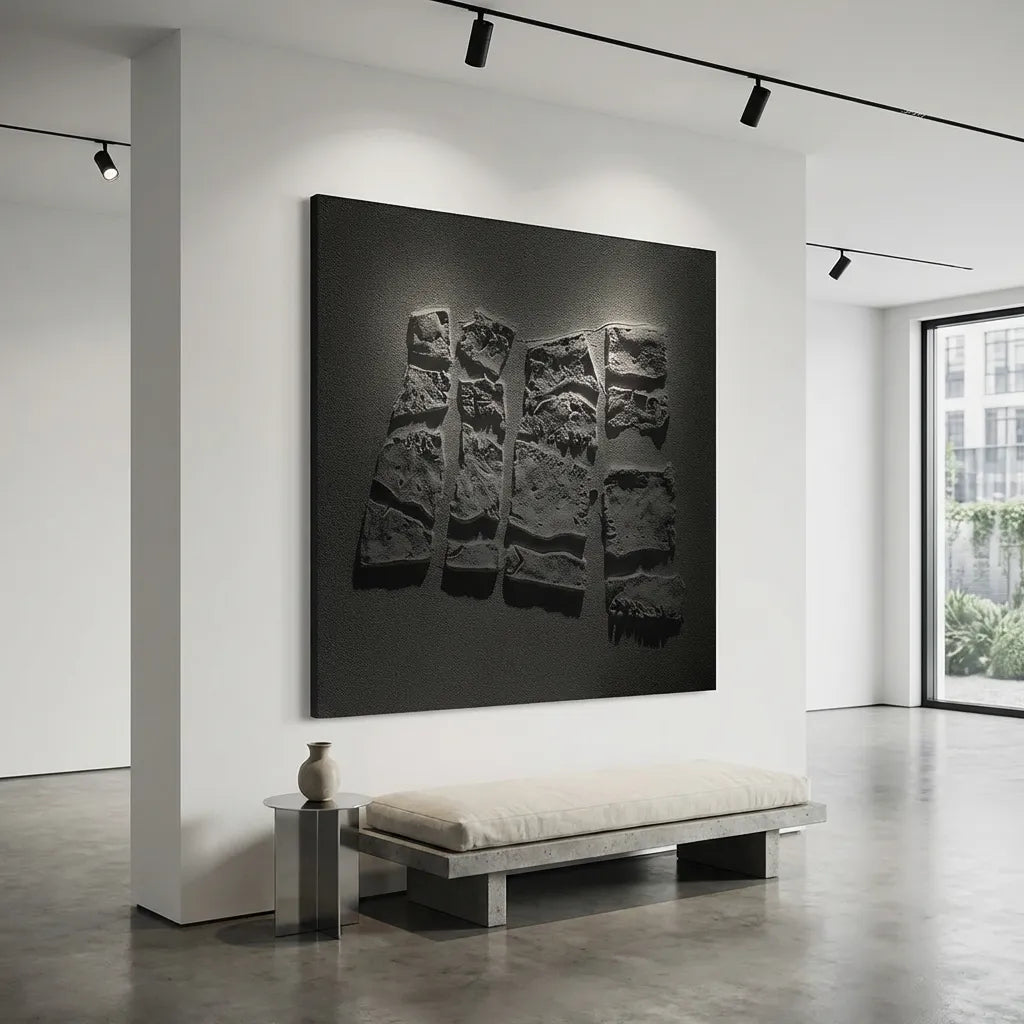 Black Textured Relief Abstract Painting PM#3689