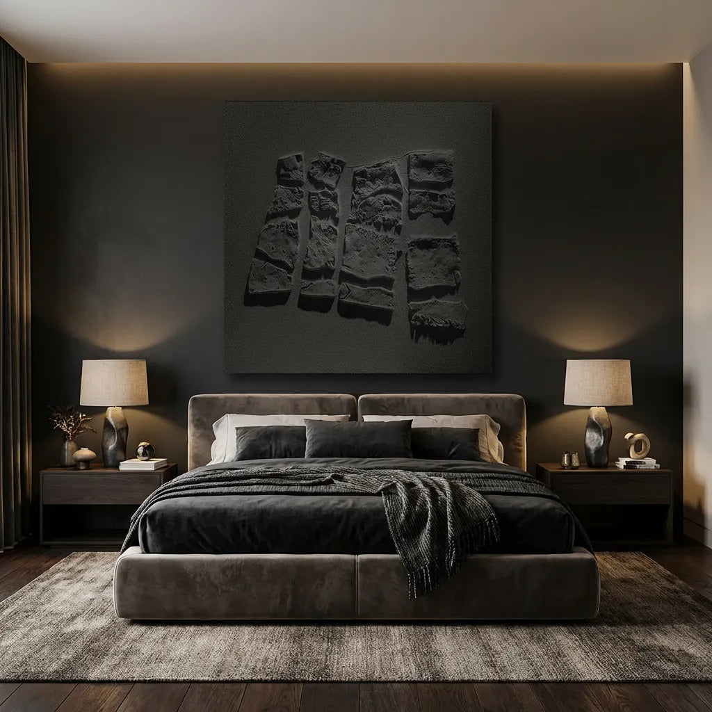 Black Textured Relief Abstract Painting PM#3689