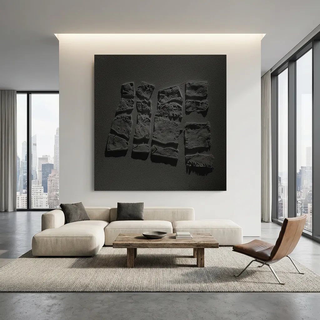 Black Textured Relief Abstract Painting PM#3689