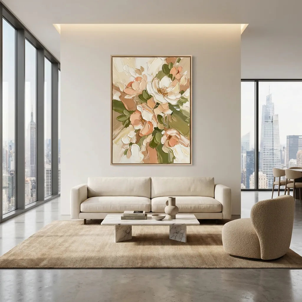 Cream Meadow-Peach Floral Texture Painting  AP#0656