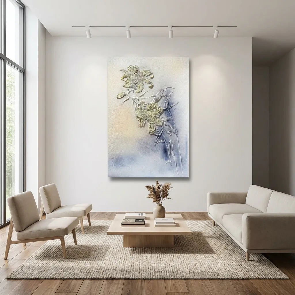 Golden Lily & Bamboo Relief Textured Abstract Art PM#3622