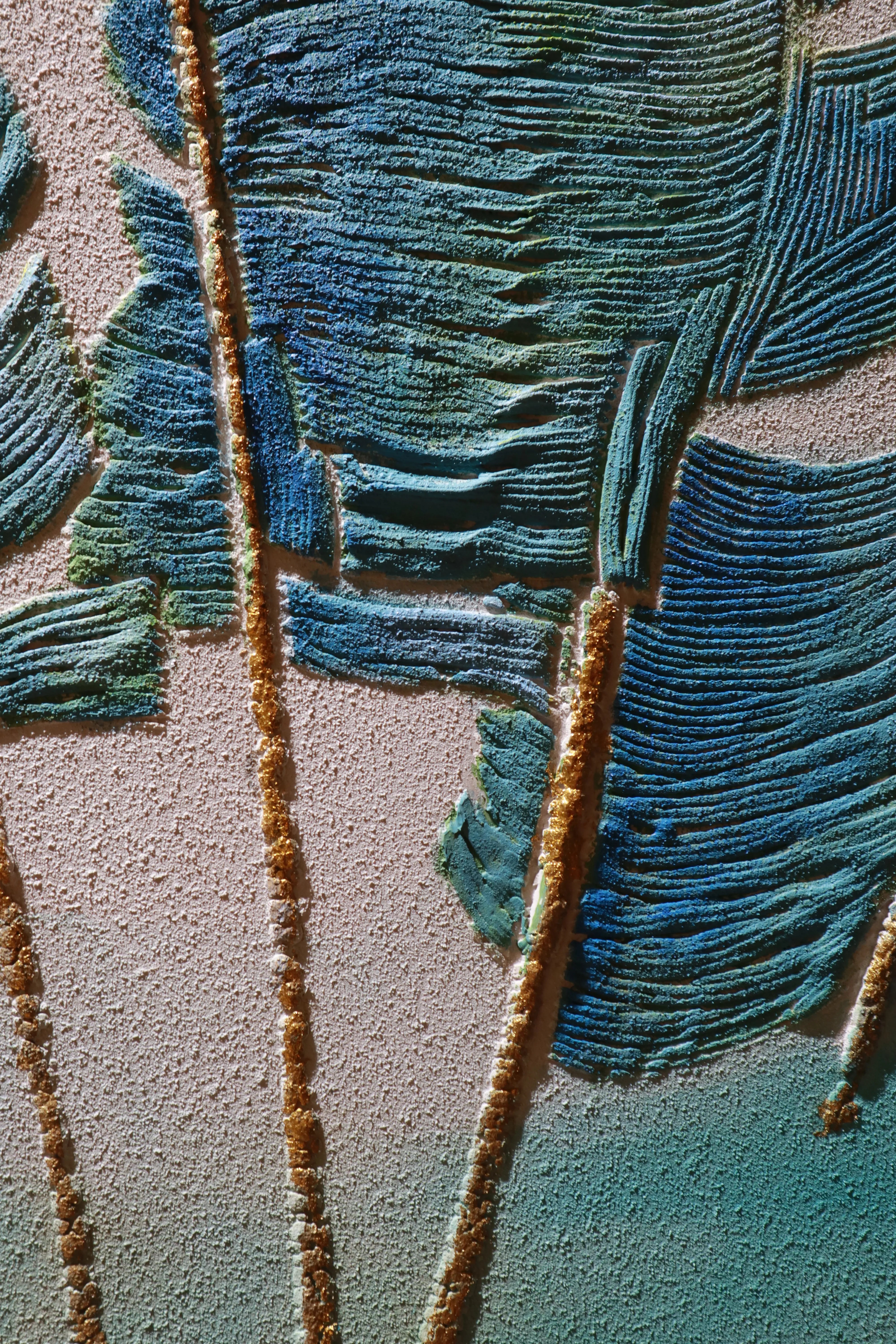 Azure Palm Fronds Textured Abstract Art PM#3621