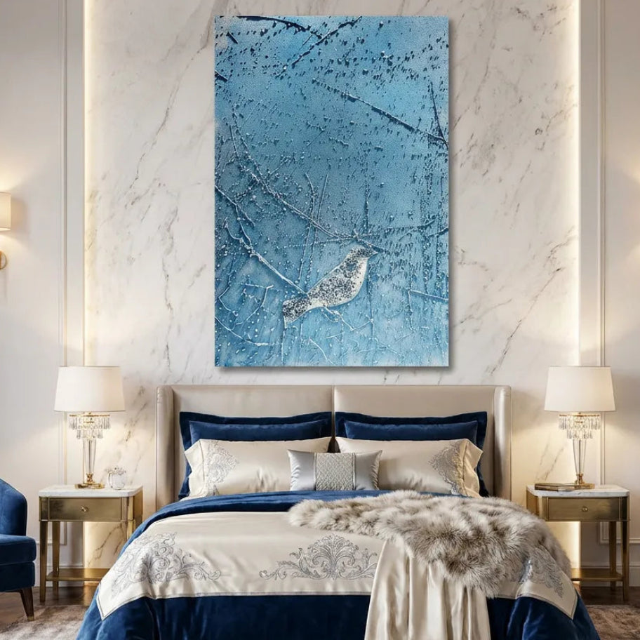 Icy Blue Bird Silhouette Textured Abstract Art PM#3610