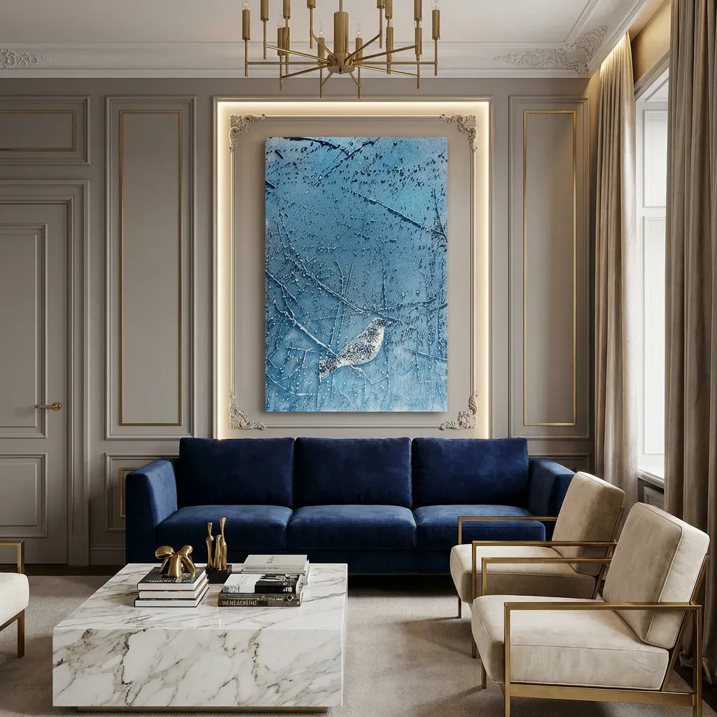 Icy Blue Bird Silhouette Textured Abstract Art PM#3610