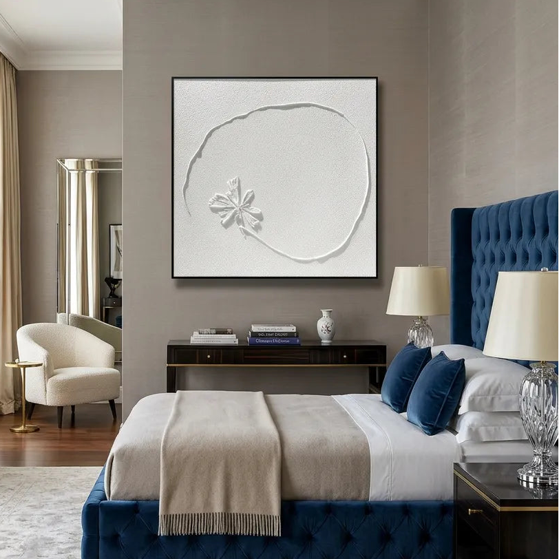 White Floral Relief Print for Zen Minimalist Living Room YY#1535