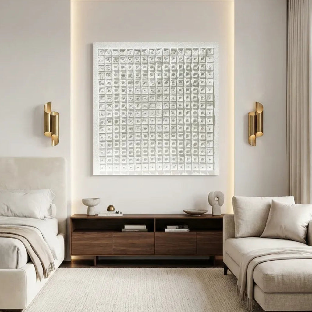 White Geometric Relief Abstract Painting PM#3697