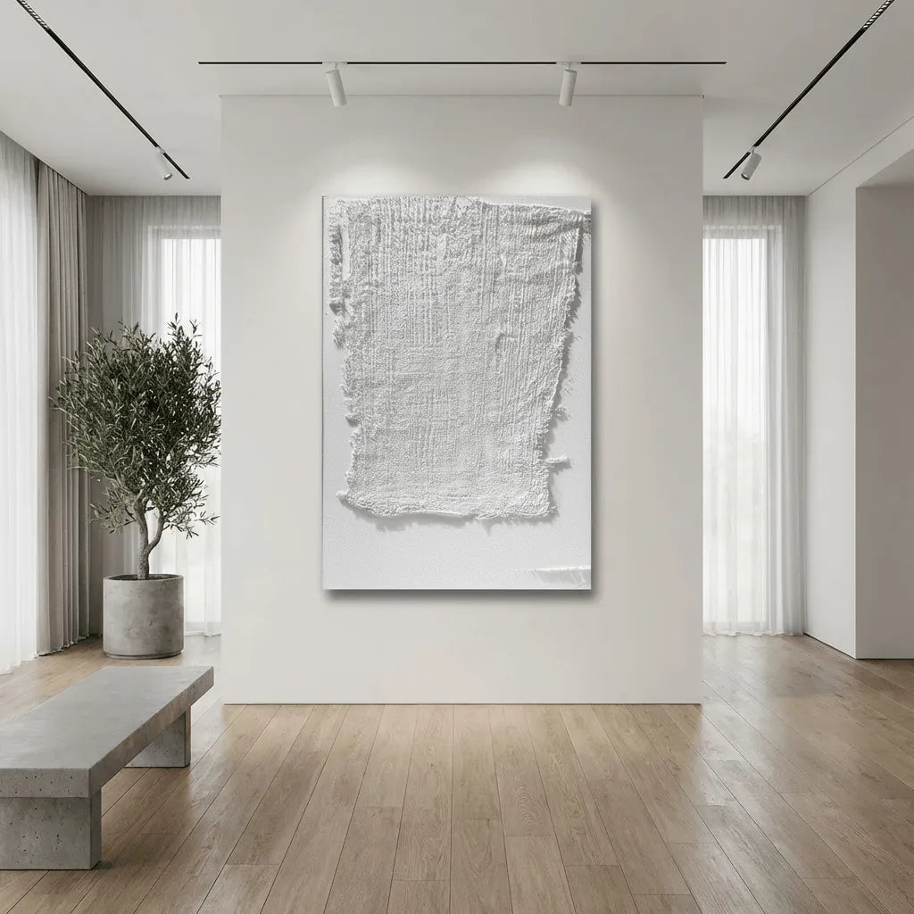 White Linen-Textured Abstract Plaster Art PM#3602