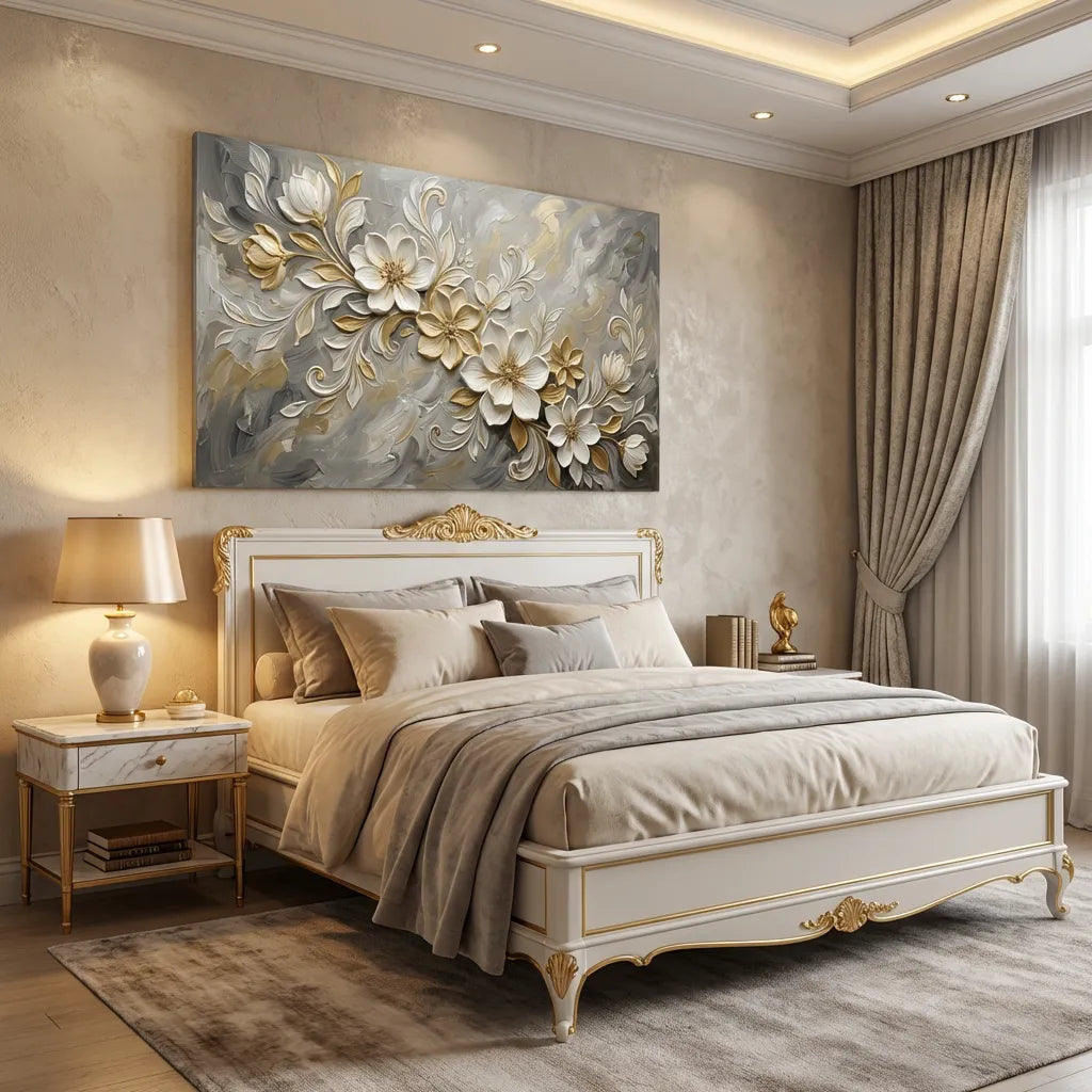 White & Gold Floral Relief Painting AA#0233