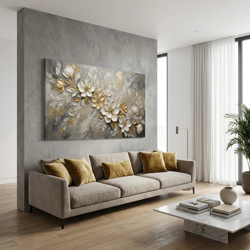White & Gold Floral Relief Painting AA#0233